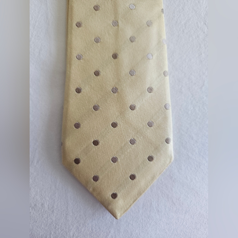 VINTAGE Burberry London Silk Tie Yellow Gold Brown Polka Dot Hand Made In...